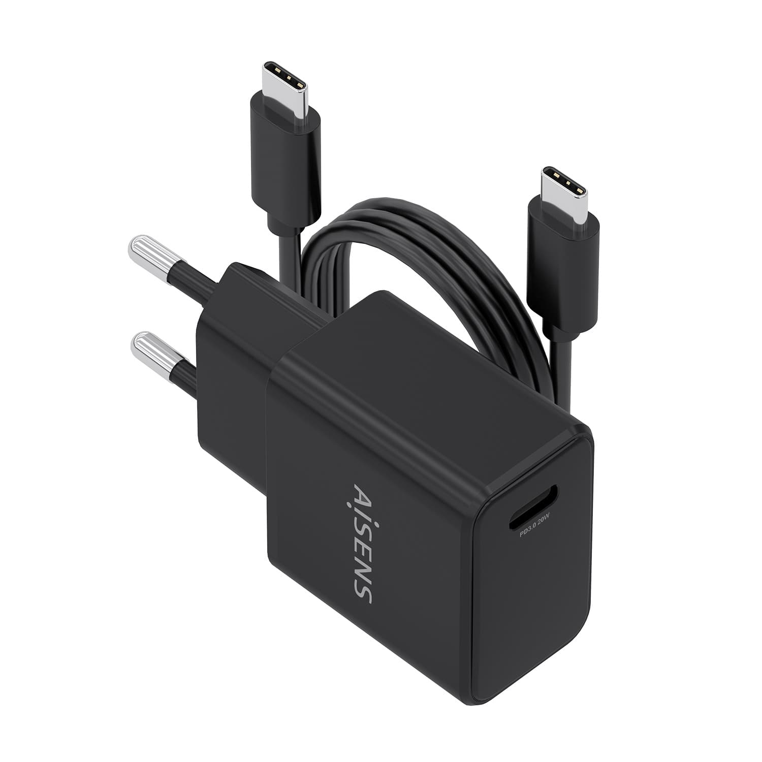 AISENS Cargador GaN USB-C PD3.0 1xUSB-C 20W con cable USB-C 1m, negro