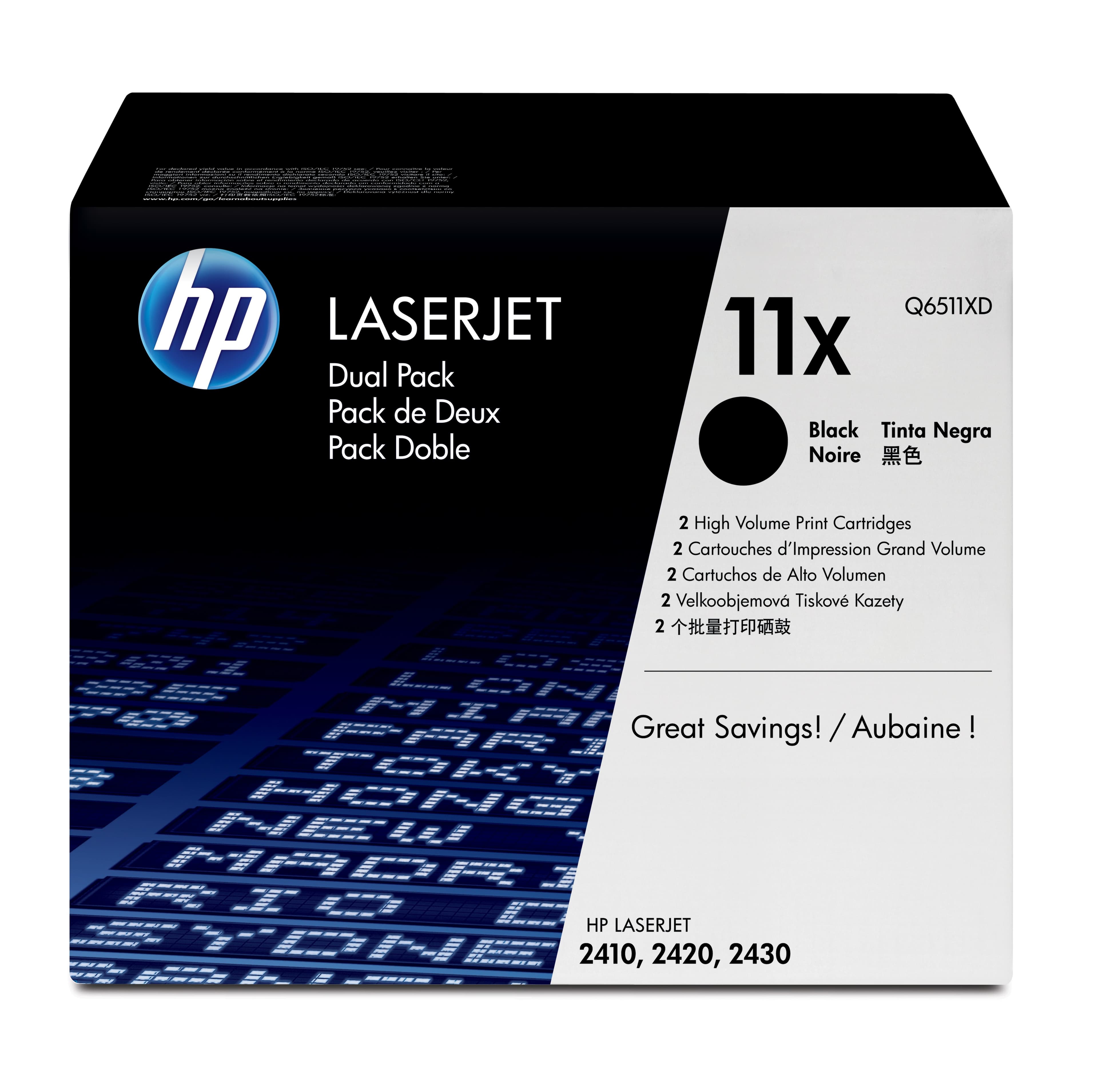 HP 11X 2-pack High Yield Black Original LaserJet Toner Cartridges cartucho de tóner 2 pieza(s) Negro