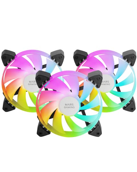 Mars Gaming MF-3A, Kit 3x Ventiladores FDB Ultrasilenciosos 120mm, Iluminación ARGB Rainbow 360º Sin Marco, Ventialdores 3en1 con Compatibilidad Total ARGB, Doble Conector ARGB Macho + Hembra, Negro