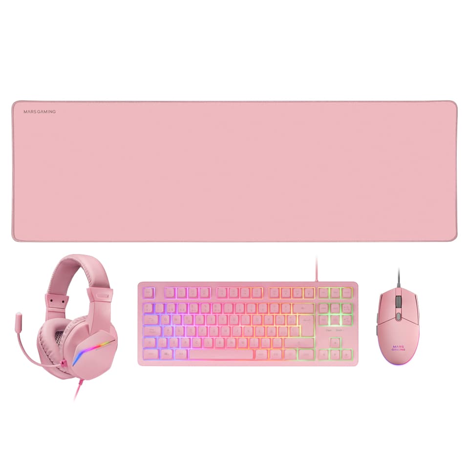 Mars Gaming MCP-RGB3, Pack Gaming Teclado Fixed RGB + Ratón Gaming RGB Flow 3200 DPI + Auriculares Over-Ear RGB + Alfombrilla XXL, Rosa, Idioma Español
