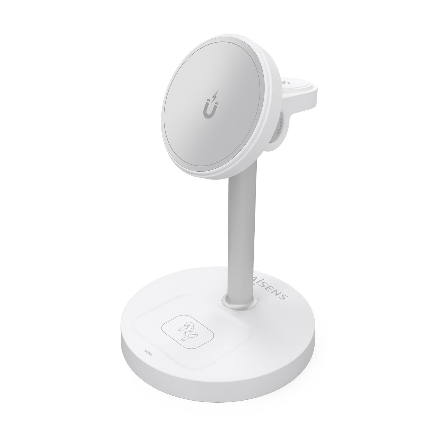 AISENS Cargador Inalambrico USB-C 3 en 1 De 15W Para Movil, Apple Watch, Auriculares Con Estuche De Carga, Blanco