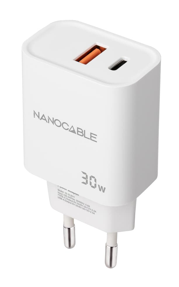 Nanocable Cargador USB-C/PD + USB-A/QC 30W, Blanco