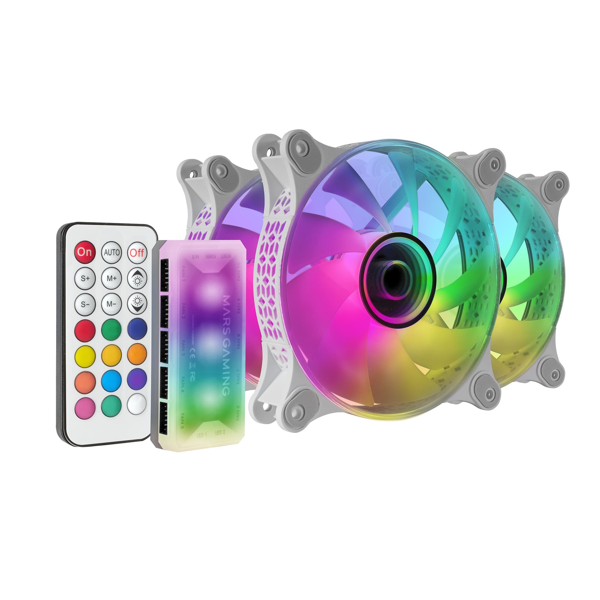 Mars Gaming MF-3DKIT Blanco, Kit 3 Ventiladores ARGB 360° 12cm, Espejo Infinito 3D, Sistema Anti-vibraciones, Controlador ARGB, Mando a Distancia RF, Compatibilidad Total