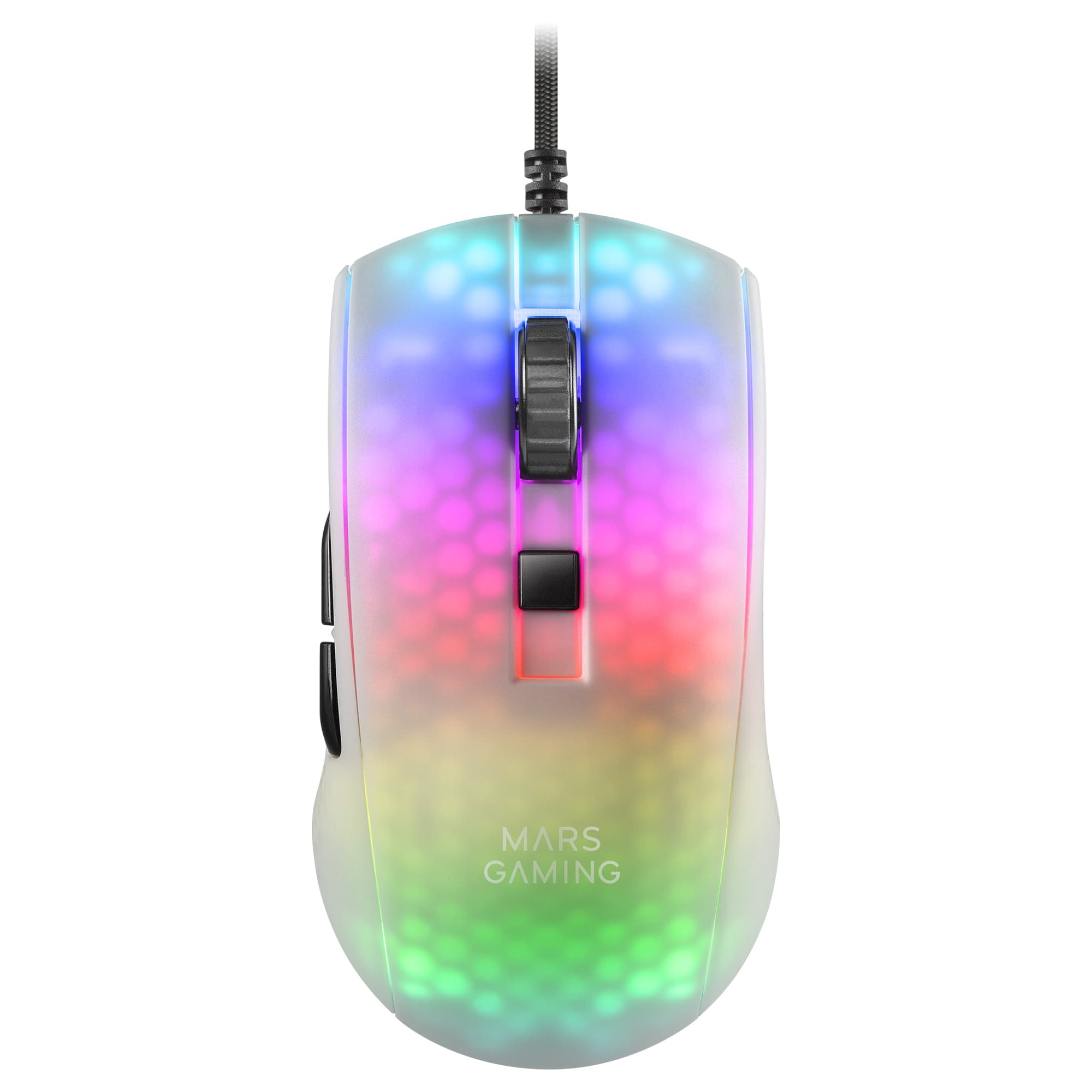 Mars Gaming MMRW, Ratón Gaming RGB Chroma, Estructura Translúcida Ultra-ligera 58 g, 12800 DPI, Switches Mecánicos HUANO, Blanco