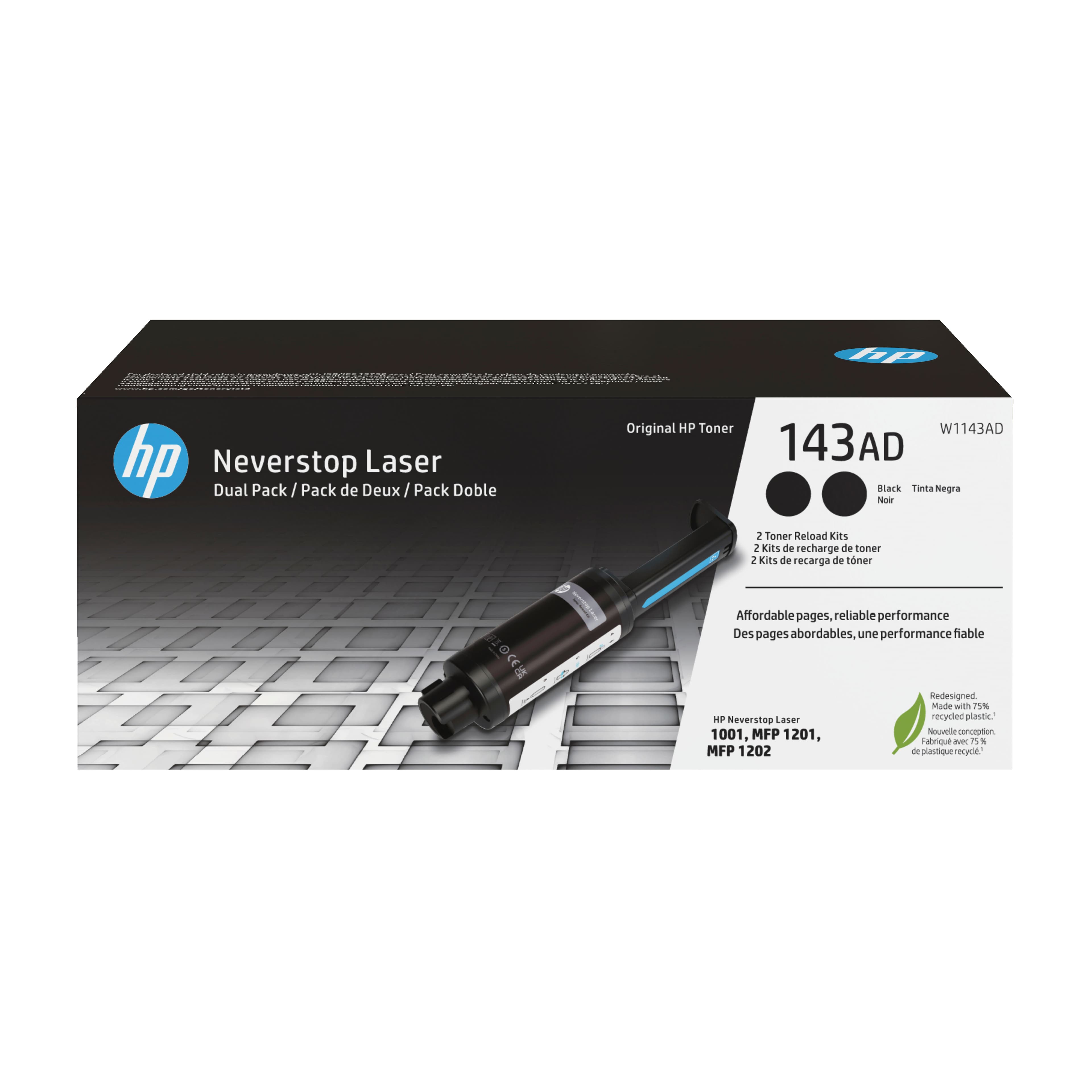 HP Kit de dos paquetes de recarga de tóner Original Neverstop 143AD negro