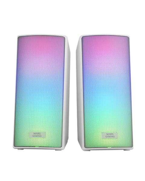 Mars Gaming MSRGB2, Altavoces Bluetooth 5.3 15W, Procesador de Sonido DSP, Iluminación RGB Dinámica, Frontal Total Mesh, Altavoces Compactos con Caja de Control, Entrada Jack de 3.5mm y USB, Blanco