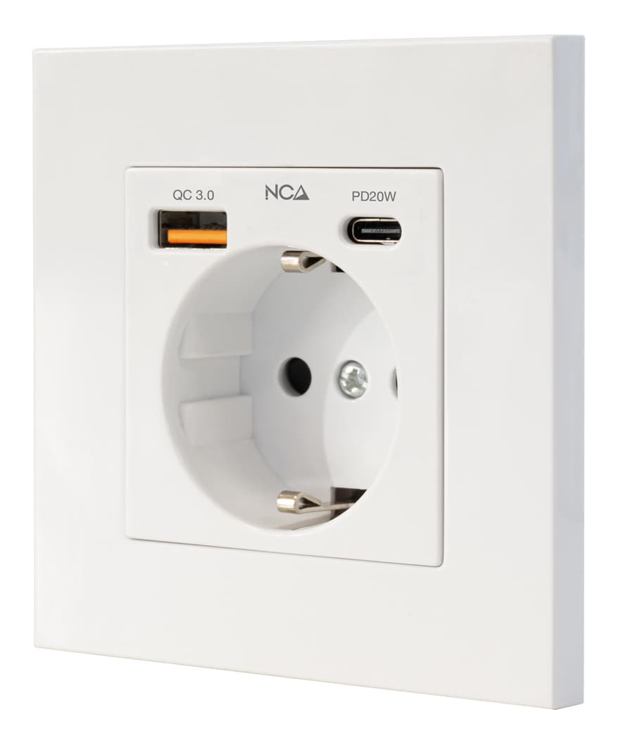 Nanocable Base de enchufe de pared tipo schuko con 1xUSB-A QC 3.0 + 1xUSB-C PD - Max. 3.4A, Blanco