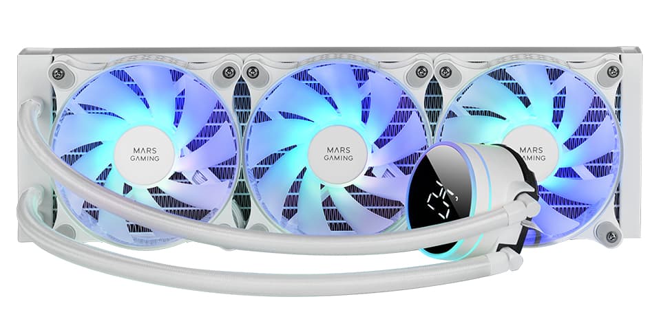Mars Gaming ML-LCD360, Refrigeración Líquida AIO, TDP 600W, 3x Ventiladores FDB ARGB 120mm, Pantalla LCD con Monitoreo de Temperatura, Bomba Opti-Chamber 3rd Gen, Multisocket Universal, Blanco