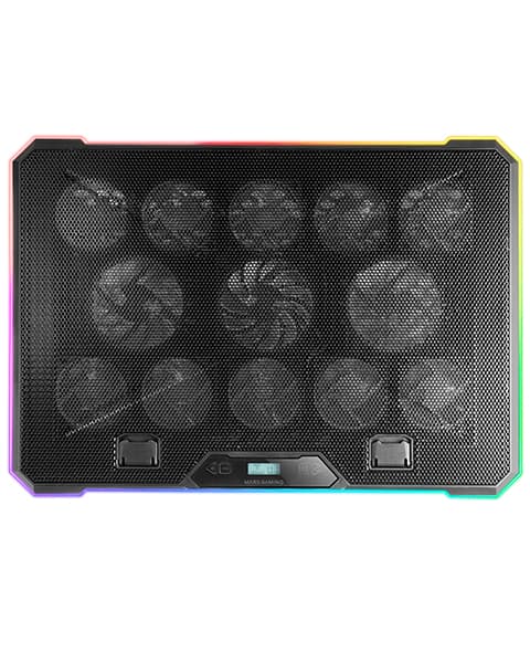 Mars Gaming MNBC13, Base Refrigeradora y Stand para Portátiles Hasta 17”, Iluminación ARGB 10 Modos, 13x Ventiladores con LED Blanco, Regulable 8 Posiciones, Pantalla LCD, Soporte Smartphone, Negro