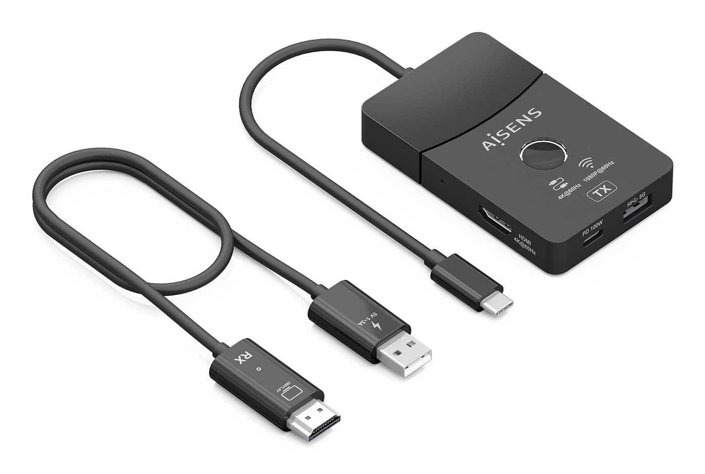 AISENS Docking USB-C a HDMI 1080P@60Hz (Inalámbrico) 30M, 1xHDMI 4K60HZ (Cable) 2xUSB-C 1xUSB-A 1xUSB-C PD 100W, Negro