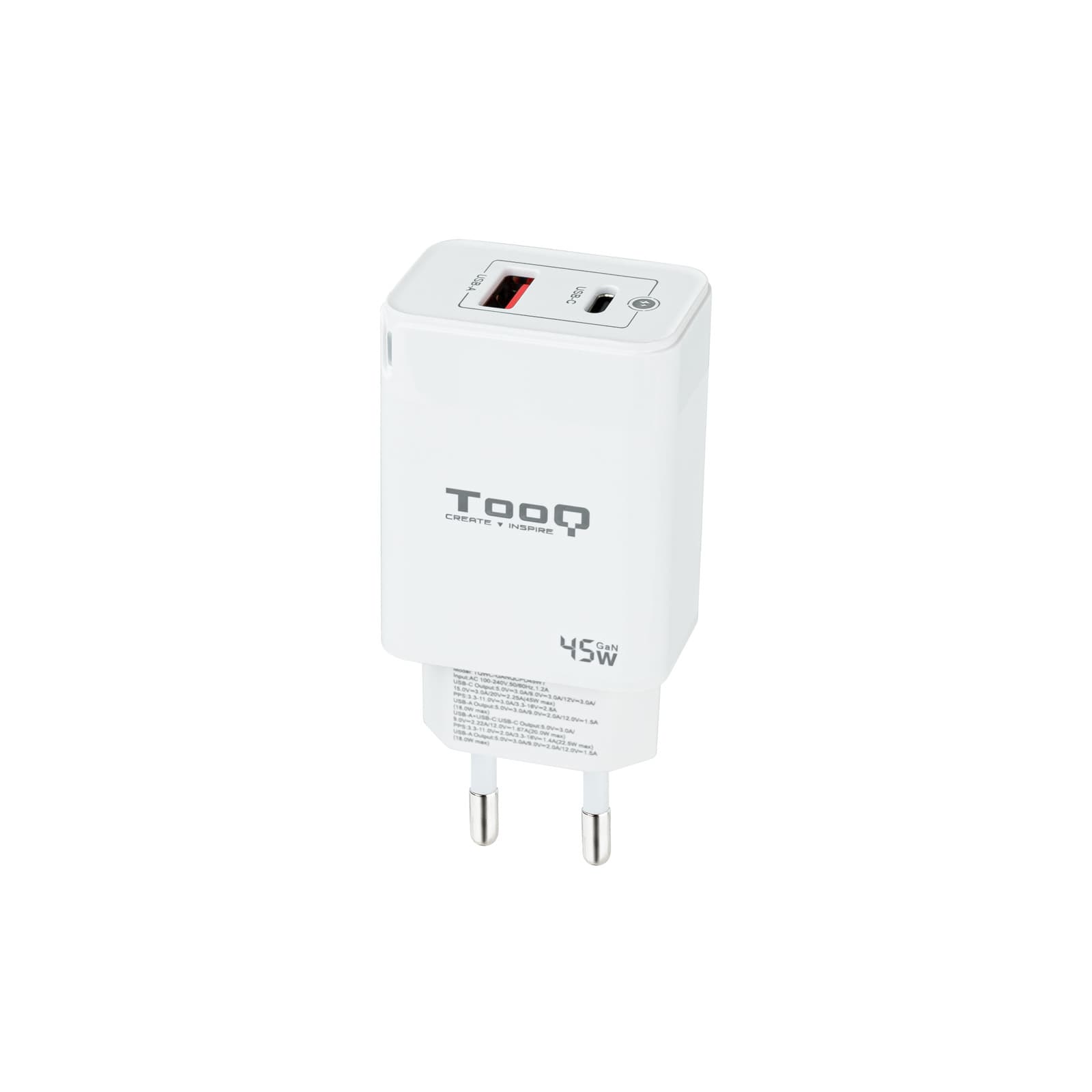 TooQ Cargador de Pared GaN USB-C/PD + USB-A/QC 45W, Blanco