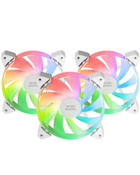 Mars Gaming MF-3A, Kit 3x Ventiladores FDB Ultrasilenciosos 120mm, Iluminación ARGB Rainbow 360º Sin Marco, Ventialdores 3en1 con Compatibilidad Total ARGB, Doble Conector ARGB Macho + Hembra, Blanco