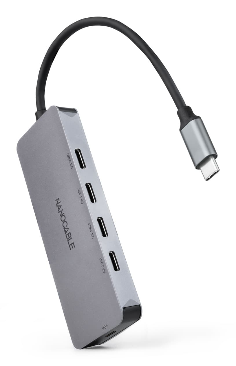 Nanocable Hub USB-C macho a 4 x USB-C hembra + USB-C PD 100W, Aluminio 10 cm, Gris