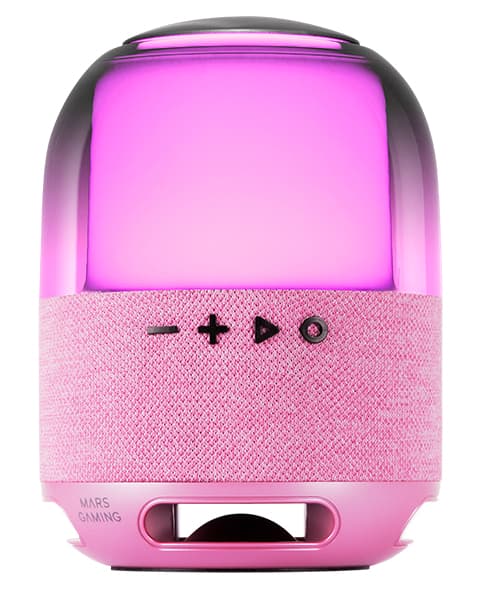 Mars Gaming MS-FLOW, Altavoz Portátil Bluetooth 15W, Iluminación Orbilight RGB 360°, Sonido Potente con Driver DeepBass 57mm, Altavoz Gaming Compacto con Bluetooth 5.3 y MicroSD, Rosa