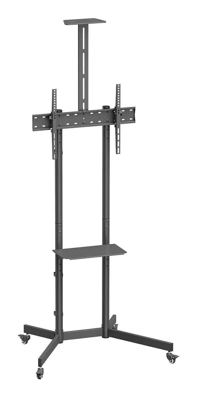AISENS Soporte De Suelo Eco Con Rueda, Bandeja Para DVD Y Soporte De Cámara Para Monitor/TV 45kg De 37-70, Negro