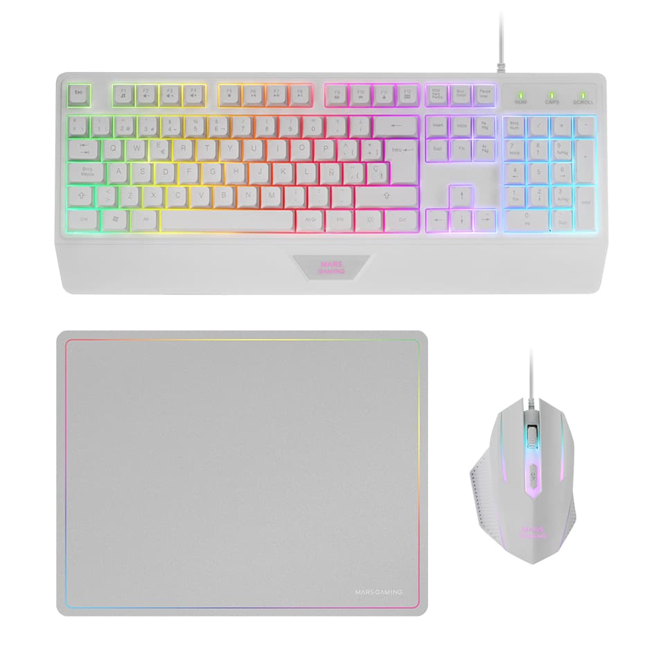 Mars Gaming MCP124, Combo Gaming 3en1, Teclado Ergonómico H-Mech LED RGB, Ratón RGB 3200DPI Switches HUANO, Alfombrilla Nanotextil 360x260mm, Compatibilidad Multiplataforma, Layout Español, Blanco
