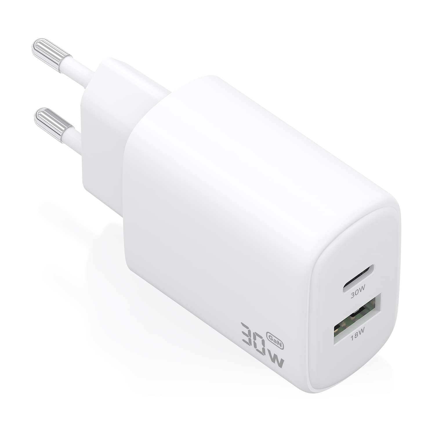 AISENS Cargador GaN 30W, 1xUSB-C PD3.0 QC4.0, 1xUSB-A QC3.0, Blanco